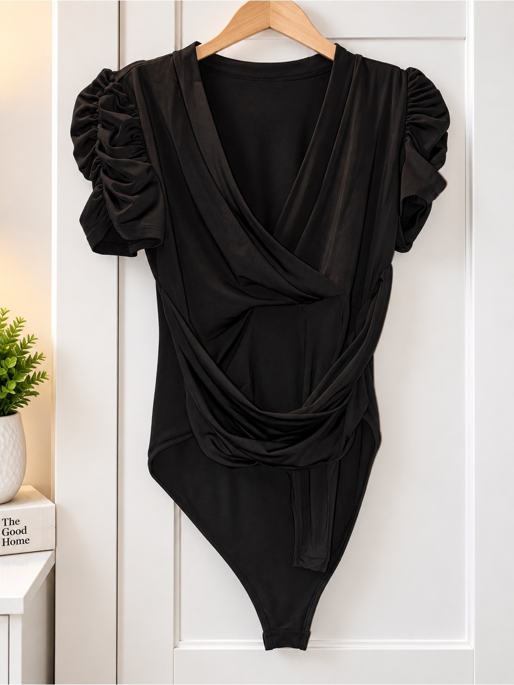 Black Ruched Sleeve Draped Wrap Bodysuit